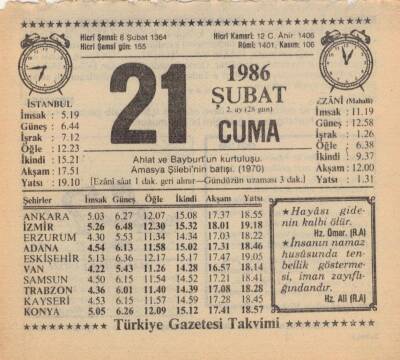 21 Şubat 1986 Takvim Yaprağı EFM(N)5232 - 1