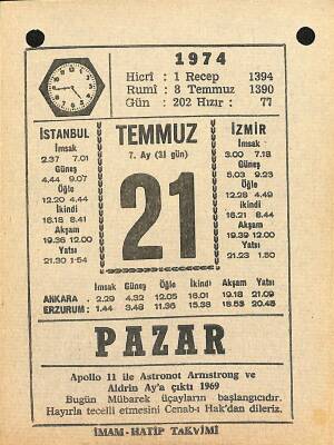 21 Temmuz 1974 Takvim Yaprağı - Doğum Günü Hediyesi EFM(N)12110 - 1