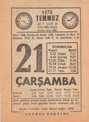 21 Temmuz 1976 Takvim Yaprağı EFM(N)2080 - 3