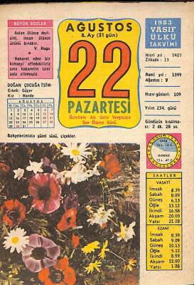 22 Ağustos 1983 Takvim Yaprağı - Doğum Günü Hediyesi EFM(N)9078 - 1