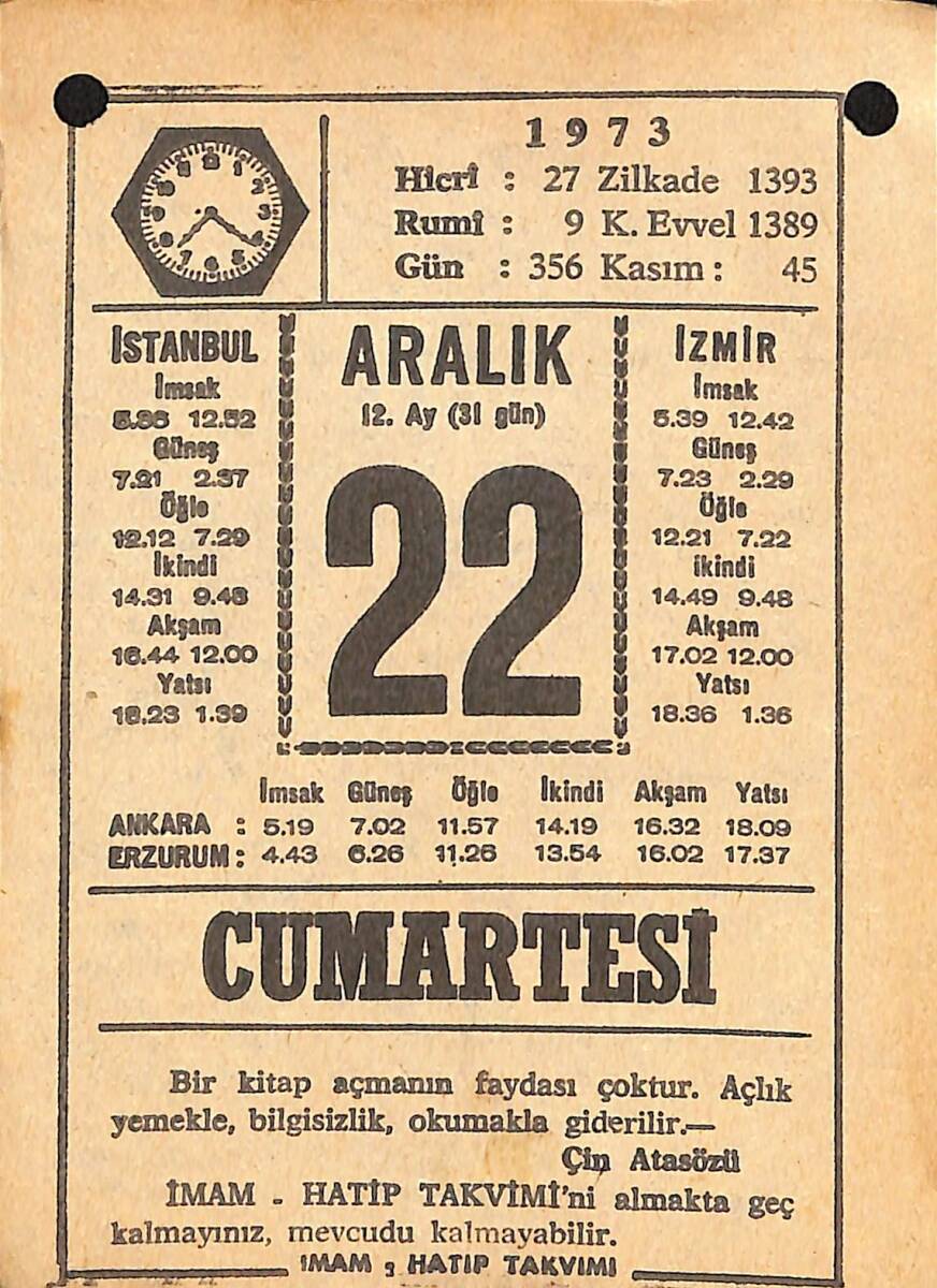 22 Aralık 1973 Takvim Yaprağı - Doğum Günü Hediyesi EFMN13665 - 1