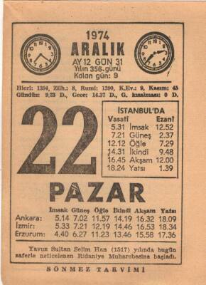 22 Aralık 1974 Takvim Yaprağı EFM(N)4304 - 3