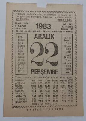 22 Aralık 1983 Takvim Yaprağı - Doğum Günü Hediyesi EFM(N)6902 - 1