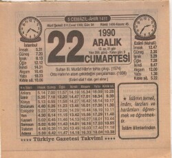 22 Aralık 1990 Takvim Yaprağı EFM(N)4150 - 3