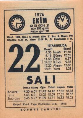 22 Ekim 1974 Takvim Yaprağı EFM(N)2992 - 3