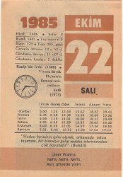 22 Ekim 1985 Takvim Yaprağı EFM(N)3054 - 3