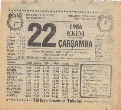 22 Ekim 1986 Takvim Yaprağı EFM(N)3085 - 3