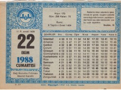 22 Ekim 1988 Takvim Yaprağı EFM(N)3208 - 3