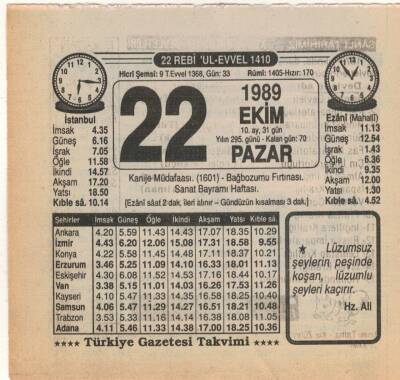 22 Ekim 1989 Takvim Yaprağı EFM(N)3116 - 2