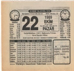 22 Ekim 1989 Takvim Yaprağı EFM(N)3116 - 1