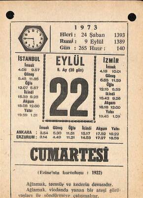 22 Eylül 1973 Takvim Yaprağı - Doğum Günü Hediyesi EFM(N)9868 - 1