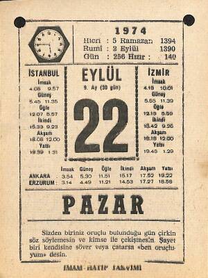 22 Eylül 1974 Takvim Yaprağı - Doğum Günü Hediyesi EFM(N)12351 - 1