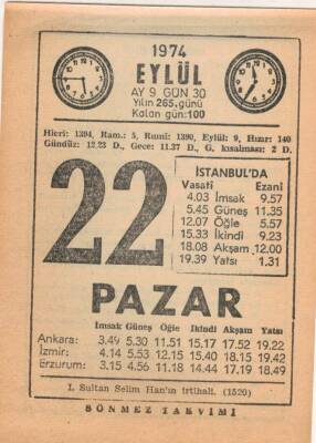 22 Eylül 1974 Takvim Yaprağı EFM(N)2809 - 3