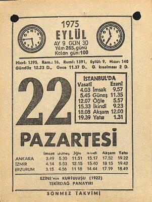 22 Eylül 1975 Takvim Yaprağı - Doğum Günü Hediyesi EFM(N)12524 - 1