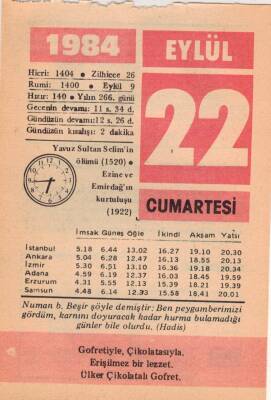 22 Eylül 1984 Takvim Yaprağı EFM(N)2792 - 3