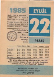 22 Eylül 1985 Takvim Yaprağı EFM(N)2826 - 3