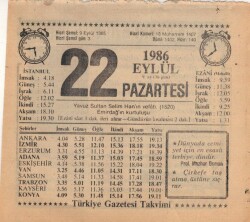 22 Eylül 1986 Takvim Yaprağı EFM(N)2843 - 4