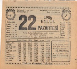 22 Eylül 1986 Takvim Yaprağı EFM(N)2843 - 2