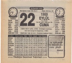 22 Eylül 1989 Takvim Yaprağı EFM(N)2860 - 3