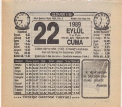 22 Eylül 1989 Takvim Yaprağı EFM(N)2860 - 2