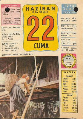 22 Haziran 1973 Takvim Yaprağı - Doğum Günü Hediyesi EFM(N)12367 - 1