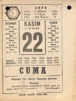 22 Kasım 1974 Takvim Yaprağı - Doğum Günü Hediyesi EFM(N)10784 - 3