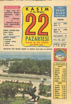 22 Kasım 1982 Takvim Yaprağı - Doğum Günü Hediyesi EFM(N)11925 - 1