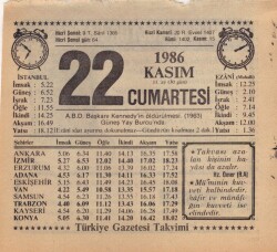 22 Kasım 1986 Takvim Yaprağı EFM(N)3422 - 3