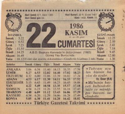 22 Kasım 1986 Takvim Yaprağı EFM(N)3422 - 1