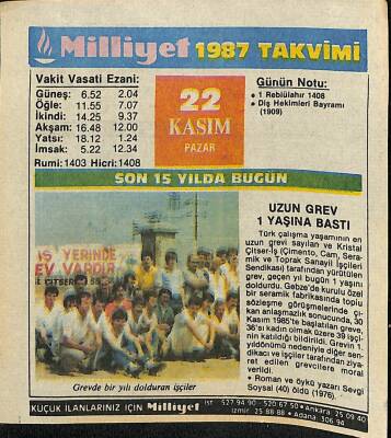 22 Kasım 1987 Takvim Yaprağı - Doğum Günü Hediyesi EFM(N)11858 - 1