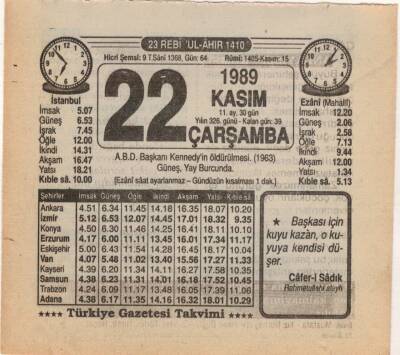 22 Kasım 1989 Takvim Yaprağı EFM(N)3482 - 3