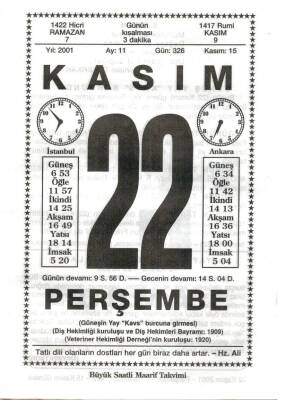 22 Kasım 2001 Takvim Yaprağı Doğum Günü Hediyesi EFM(N)4022 - 3