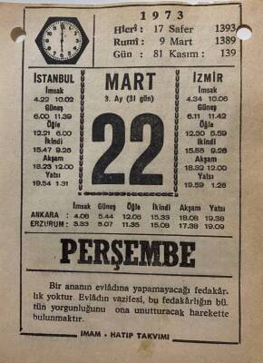 22 Mart 1973 Takvim Yaprağı - Doğum Günü Hediyesi EFM(N)8088 - 1