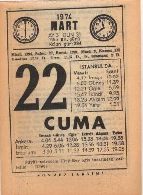 22 Mart 1974 Takvim Yaprağı EFM(N)5901 - 2