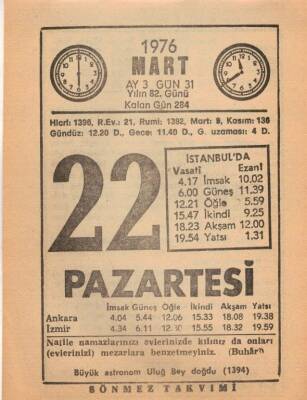 22 Mart 1976 Takvim Yaprağı EFM(N)5963 - 2