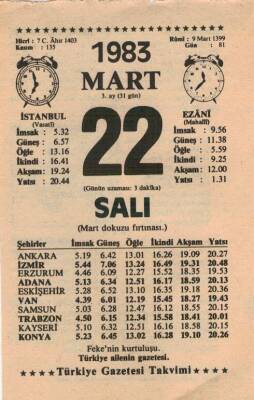 22 Mart 1983 Takvim Yaprağı EFM(N)5839 - 1