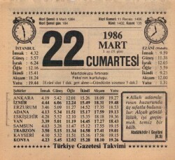 22 Mart 1986 Takvim Yaprağı EFM(N)5932 - 3