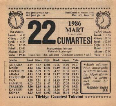 22 Mart 1986 Takvim Yaprağı EFM(N)5932 - 2