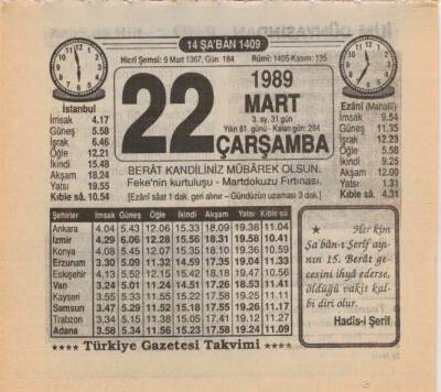 22 Mart 1989 Takvim Yaprağı EFM(N)5870 - 3