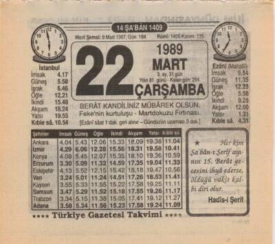 22 Mart 1989 Takvim Yaprağı EFM(N)5870 - 1