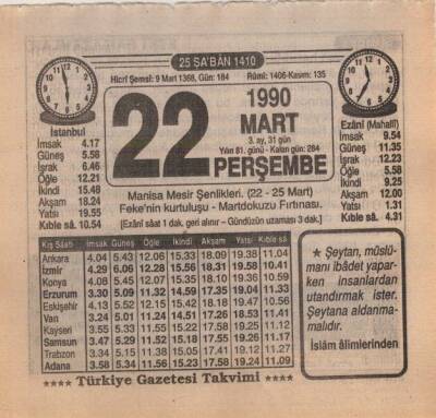 22 Mart 1990 Takvim Yaprağı EFM(N)5994 - 2