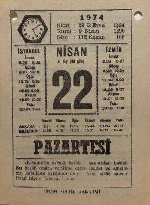 22 Nisan 1974 Takvim Yaprağı - Doğum Günü Hediyesi EFM(N)8179 - 2