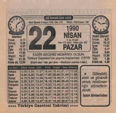 22 Nisan 1990 Takvim Yaprağı EFM(N)6175 - 1