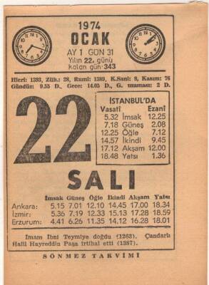 22 Ocak 1974 Takvim Yaprağı EFM(N)4885 - 1