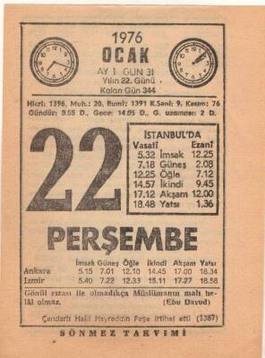 22 Ocak 1976 Takvim Yaprağı EFM(N)4823 - 1