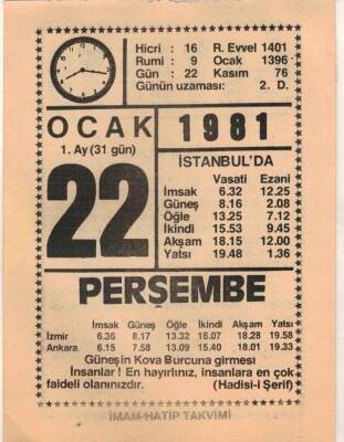 22 Ocak 1981 Takvim Yaprağı EFM(N)4668 - 1