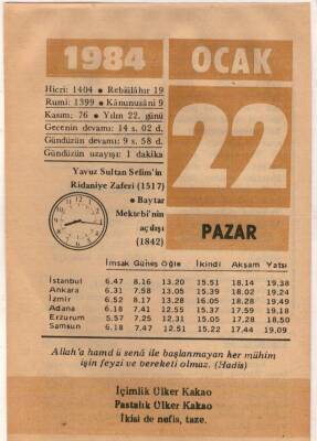 22 Ocak 1984 Takvim Yaprağı EFM(N)4761 - 1