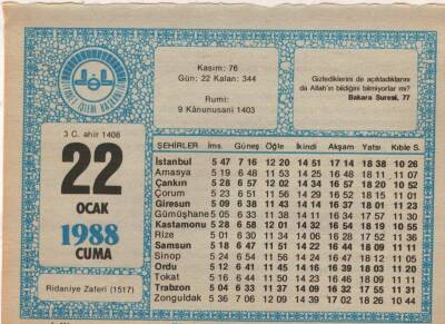 22 Ocak 1988 Takvim Yaprağı EFM(N)4916 - 1