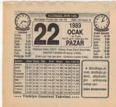 22 Ocak 1989 Takvim Yaprağı EFM(N)4730 - 1