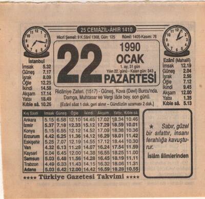 22 Ocak 1990 Takvim Yaprağı EFM(N)4699 - 1